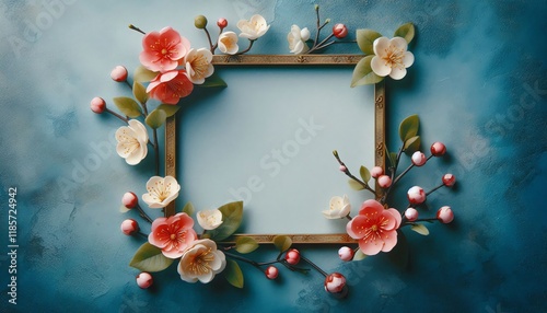 Square floral frame with vibrant spring blossoms on a textured blue backdrop.
