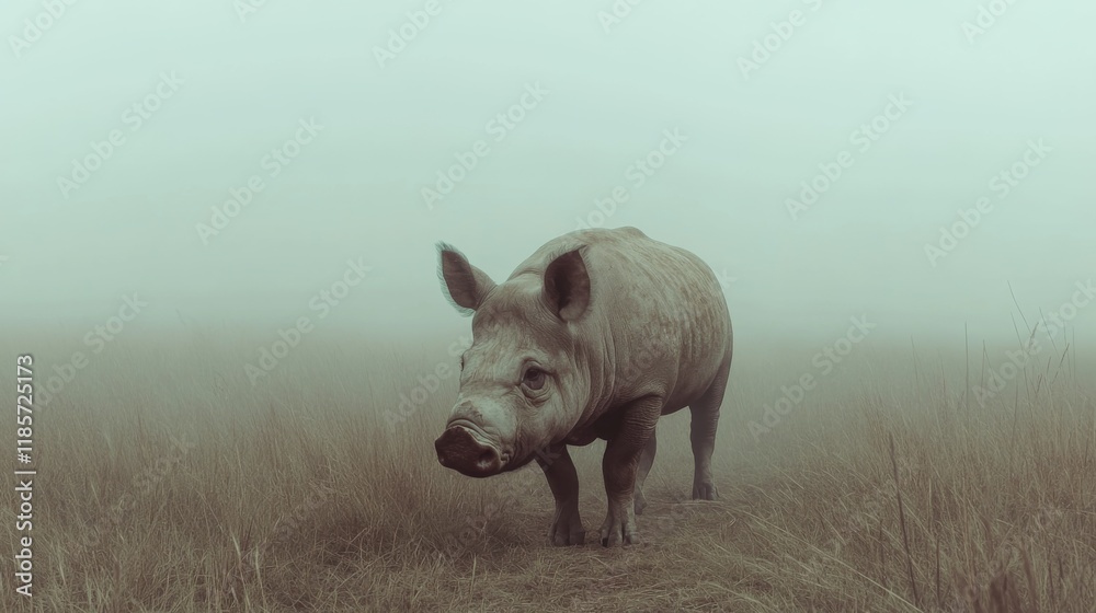 Fototapeta premium Pig walking in foggy field.