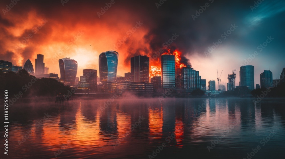 Fototapeta premium A dramatic skyline with buildings engulfed in flames. The fiery colors reflect in the serene water. Witness the contrast of destruction and calmness. Generative AI