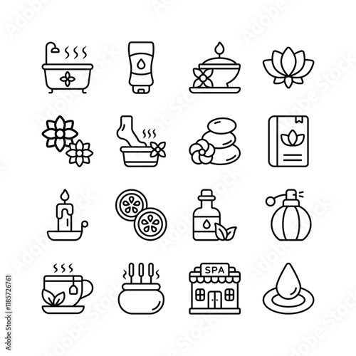 This set of premium icons represents various elements of a spa and wellness experience