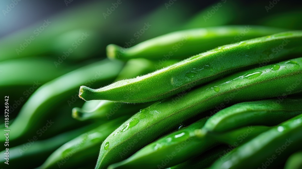 Close-up of Fresh Green Okra Pods with Dew Drops Close-up of Fresh Green Okra Pods with Dew Drops