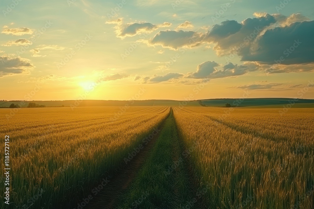 Fototapeta premium Golden wheat field at sunset; a dirt road cuts through. Perfect for agriculture, harvest, and rural themes; evokes peace and tranquility.