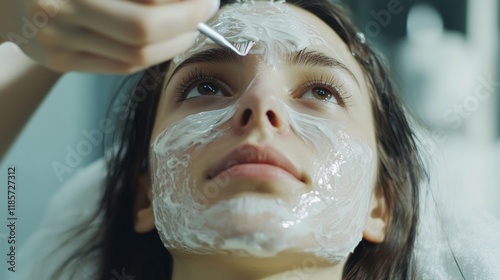 Young woman during face peeling procedure in salon, closeup photo