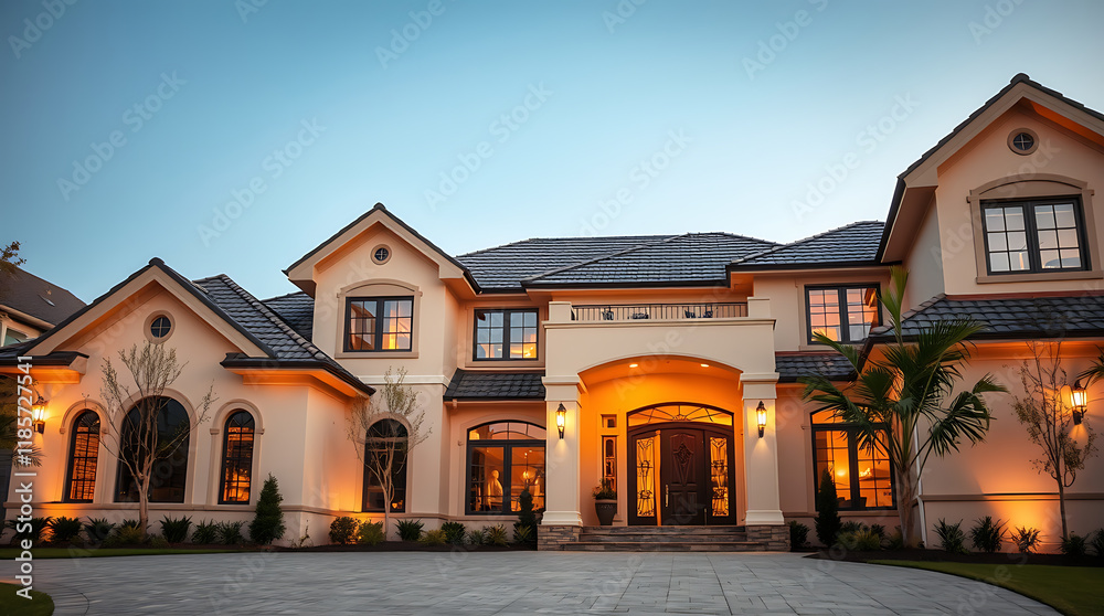Two-Story Beige House with Archway and Exterior Lighting Two-Story Beige House with Archway and Exterior Lighting