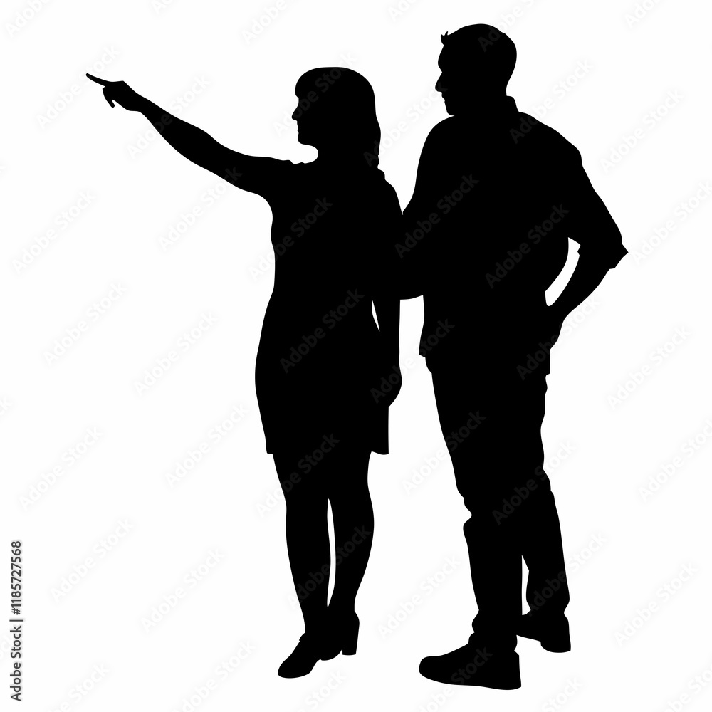 A man and woman are standing next to each other. The man is pointing to something A man and woman are standing next to each other. The man is pointing to something