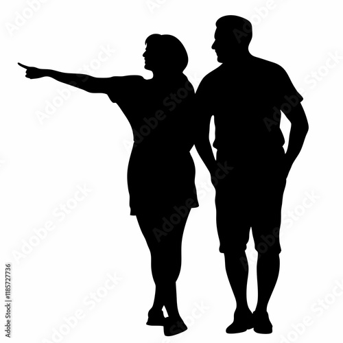 A man and woman are standing next to each other. The man is pointing to something