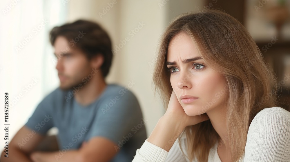 Serious sad woman thinking over a problem, man aside, meeting therapist, poor chance of getting pregnant after 40, unmet expectations, unable to handle family finances, interested in different things Serious sad woman thinking over a problem, man aside, meeting therapist, poor chance of getting pregnant after 40, unmet expectations, unable to handle family finances, interested in different things