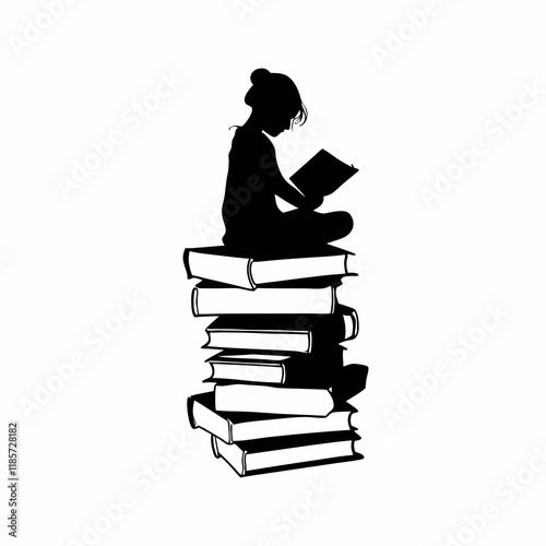 A girl is sitting on a stack of books. She is reading a book. The books are stacked on top of each other