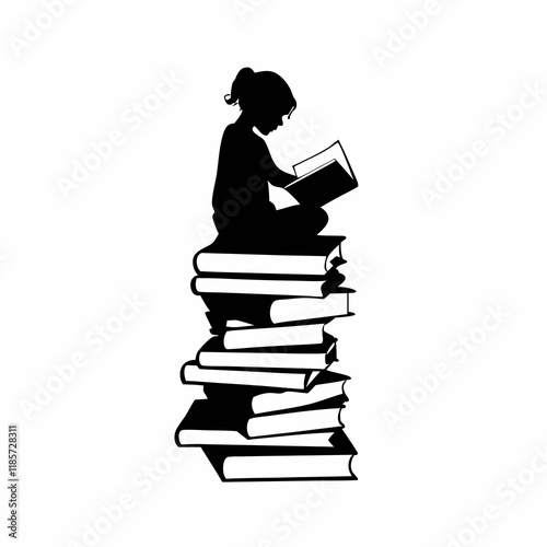A girl is sitting on a stack of books. She is reading a book. The books are stacked on top of each other