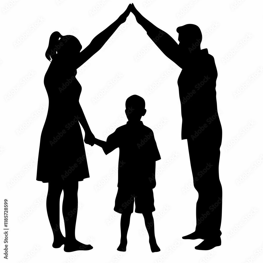 A family of four is shown in silhouette. The father is holding the hands of the two children, while the mother is holding the hands of the two children A family of four is shown in silhouette. The father is holding the hands of the two children, while the mother is holding the hands of the two children