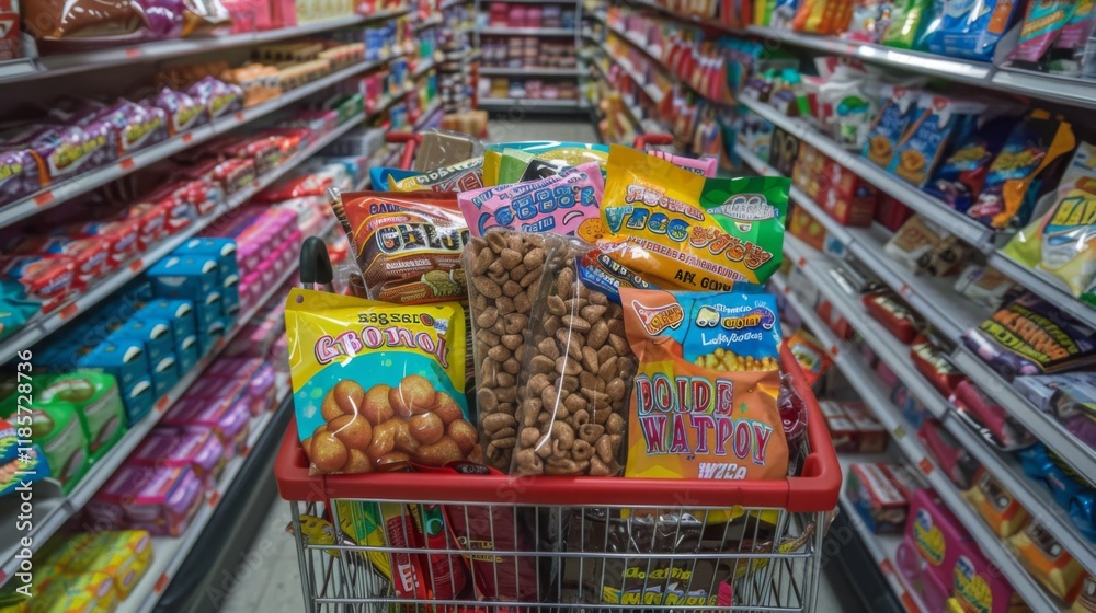 Fototapeta premium A shopping cart loaded with colorful candy and packaged snacks placed in a vibrant supermarket aisle perfect for fun shopping