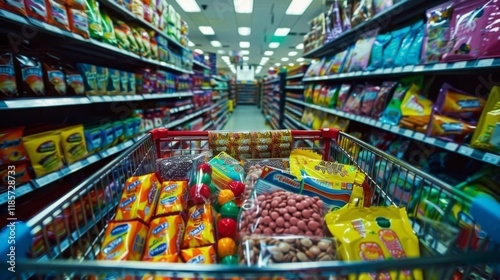 A shopping cart filled with colorful candy and chocolate bars in a supermarket aisle showcasing sweet treats for purchase
