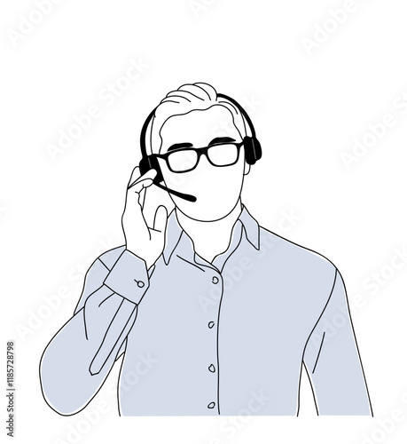 Business man Customer service, call center agent. Online technical support, Hotline operator, virtual assistant, office worker with headset. Modern vector outline illustration isolated