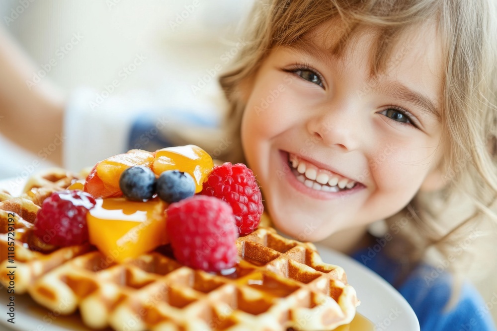 Happy Child Enjoying Gluten-Free Waffles with Fruit Happy Child Enjoying Gluten-Free Waffles with Fruit