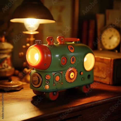 Vintage wind-up dynamo toy glowing softly, set on a wooden desk with nostalgic lighting,