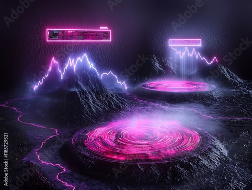 Futuristic digital landscape featuring a surging topographical data storm with cascading holographic displays and a retrofuture influenced digital expressionistic style photo