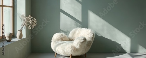 Tranquil Minimalist Room with Fluffy Chair and Sage Green Walls