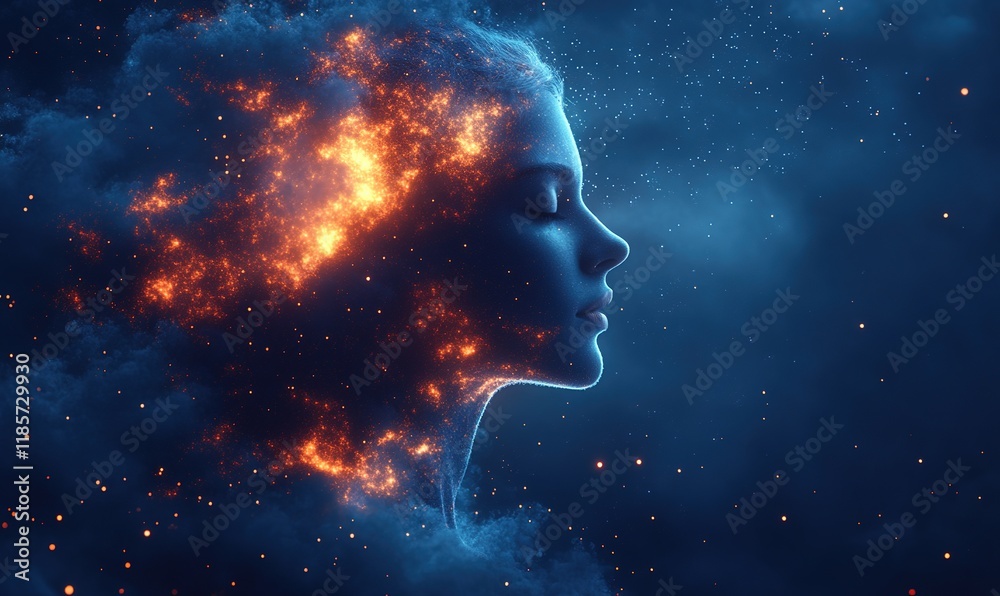 A surreal image of a woman's profile merging with cosmic elements, symbolizing the connection between humanity and the universe. A surreal image of a woman's profile merging with cosmic elements, symbolizing the connection between humanity and the universe.