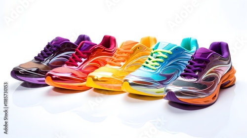 A set of eye catching vibrant running shoes displayed on a clean minimalist white background emphasizing the design technology and versatility of modern athletic footwear and fitness equipment