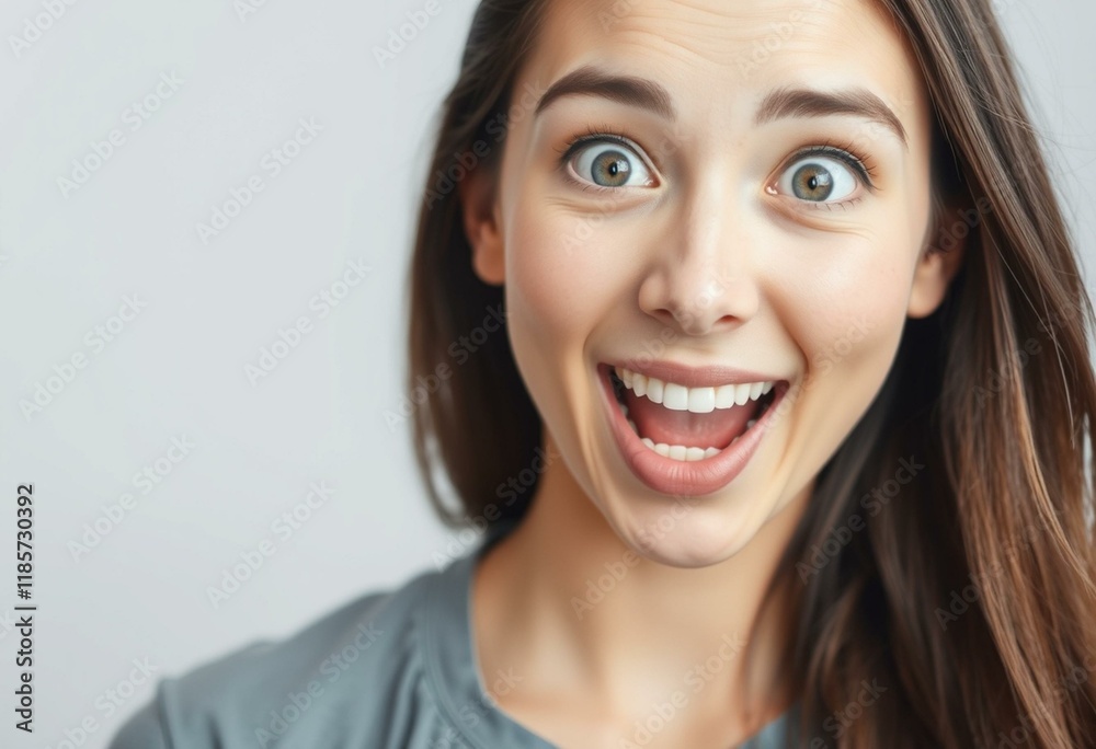 Surprised female portrait with bright smile and wide open eyes Surprised female portrait with bright smile and wide open eyes