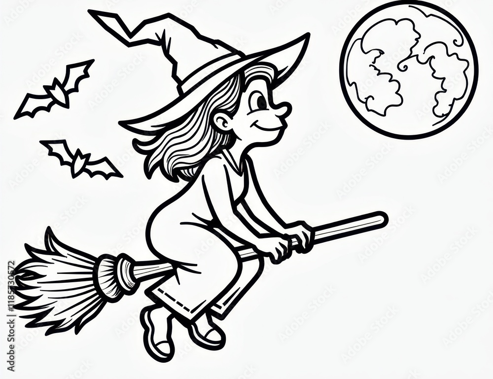 Coloring page of a witch flying on a broomstick with bats and a full moon. you can print it Coloring page of a witch flying on a broomstick with bats and a full moon. you can print it