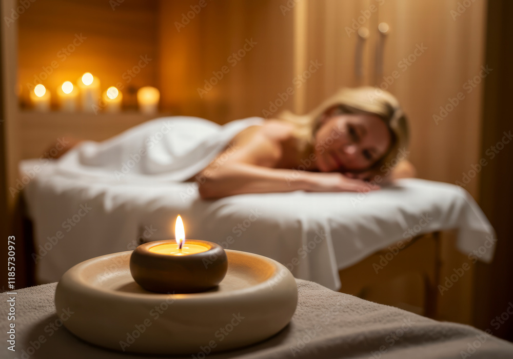 Healthcare Moment: Close-Up of Spa Setup with Relaxed Woman on Massage Table Healthcare Moment: Close-Up of Spa Setup with Relaxed Woman on Massage Table