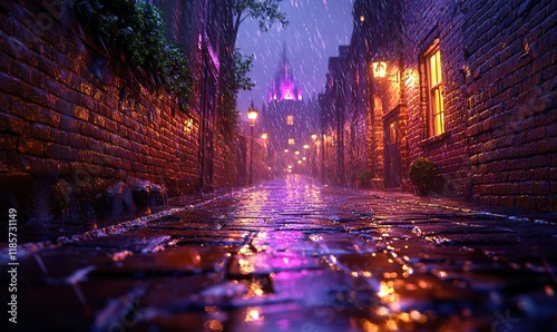 A rainy street scene illuminated by warm lights  creating a moody and atmospheric urban landscape.