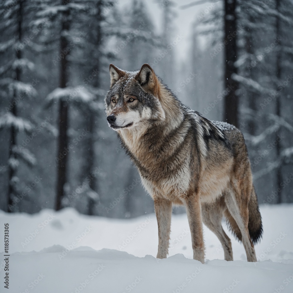 A majestic gray wolf standing on a snowy white background. A majestic gray wolf standing on a snowy white background.