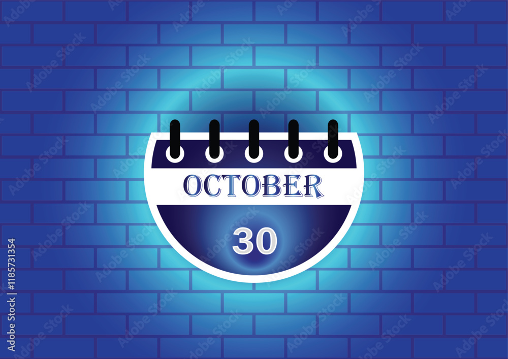 Obraz premium A stylized calendar page showing October 30th. The design features a circular calendar against a blue brick wall, highlighted with a soft glow. Ideal for marking important dates.