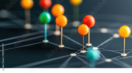 A world map with colorful pins marking different locations, connected by lines that lead to silhouettes of people, symbolizing a globally dispersed team.