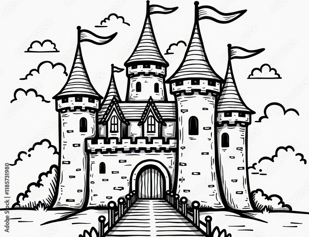 Obraz premium Coloring page of a fairy tale castle with turrets, banners, and a drawbridge. you can print it 