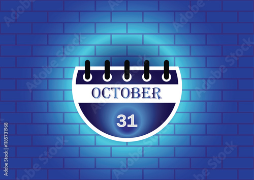 A digital illustration of a calendar page showing October 31st. The page is semi-circular and features a blue and white design, set against a textured blue brick wall.  Ideal for scheduling, reminders