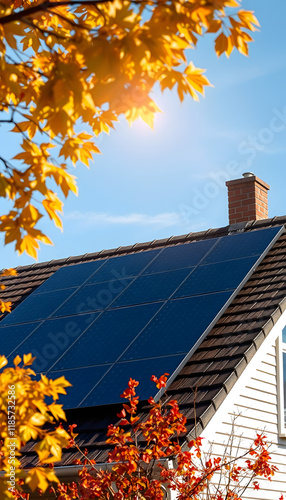 Black solar panels on a house roof gathering sun energy in autumn, digital art, with white tones