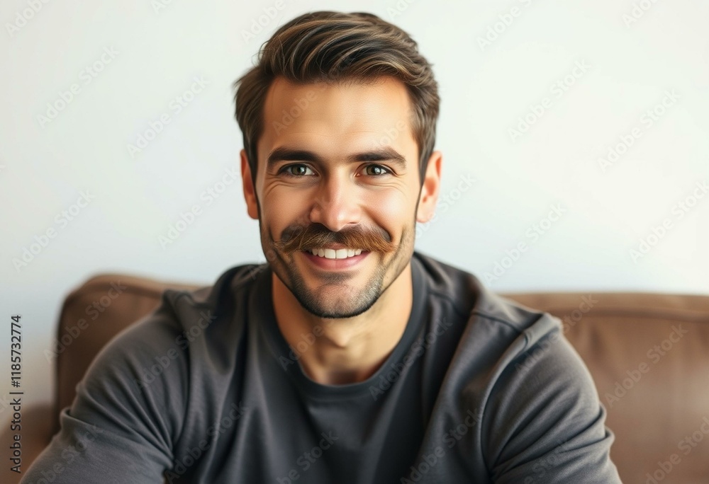 Fototapeta premium A man with a moustache, smiling, with a neutral background
