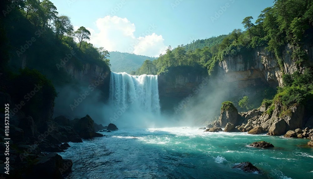 Fototapeta premium A serene waterfall cascades down surrounded by lush trees and rugged rocks, creating a tranquil natural scene