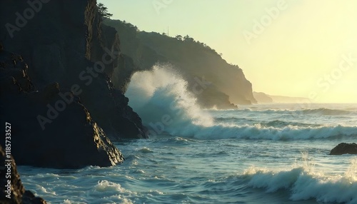 Waves crash against rugged rocks during a vibrant sunset, creating a stunning coastal landscape