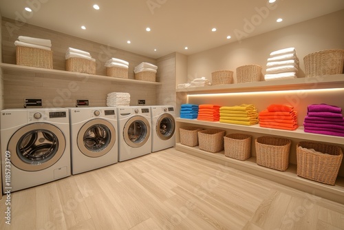 A laundry room with a white washer and dryer and a row of colorful towels