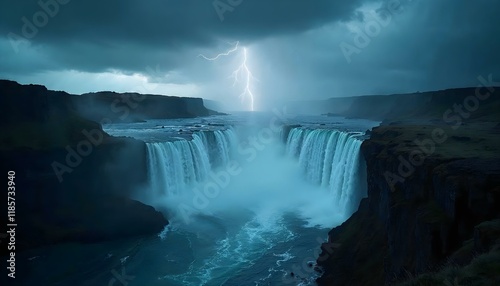 Lightning illuminates a stunning waterfall in Iceland, creating a dramatic contrast against the dark sky
