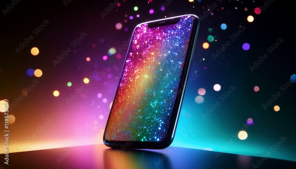 Obraz premium 虹色に輝くスマートフォン。コピースペースあり。AIで生成