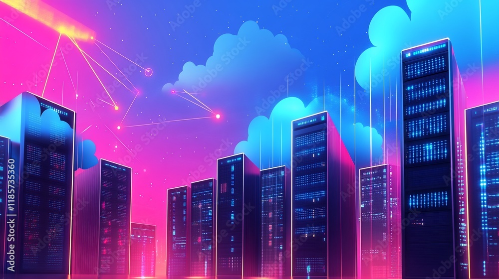 Naklejka premium Cyberpunk Cloud City: Servers and Networks in Neon Glow