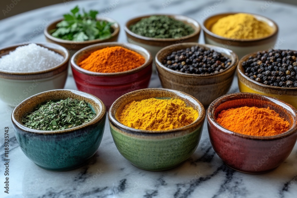 A collection of spices in bowls of various colors A collection of spices in bowls of various colors