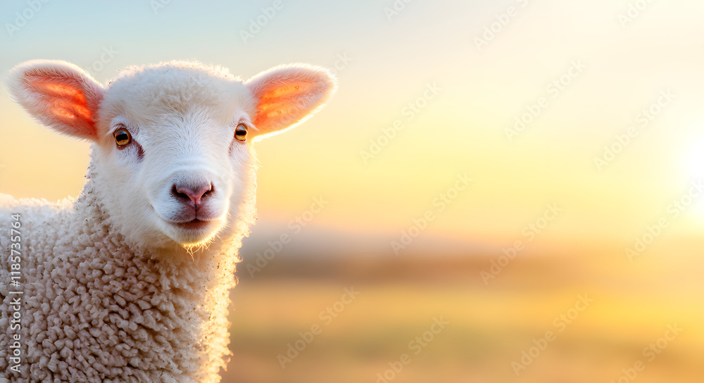 Fototapeta premium A close-up of a fluffy lamb against a warm, glowing sunset, showcasing its innocence and charm in a serene rural setting.