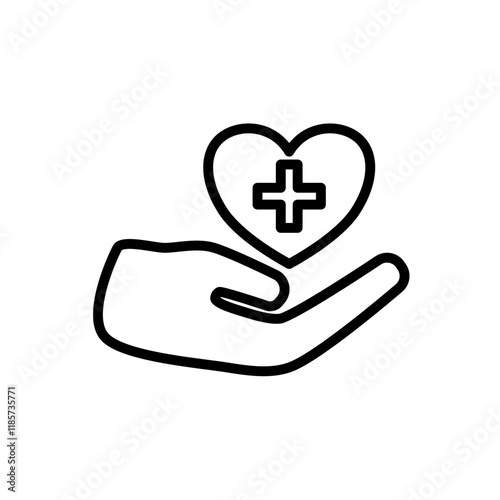 care icon, hand with heart and plus sign, simple flat style, logo sign symbol vector illustration pictogram, isolated on white for mobile app