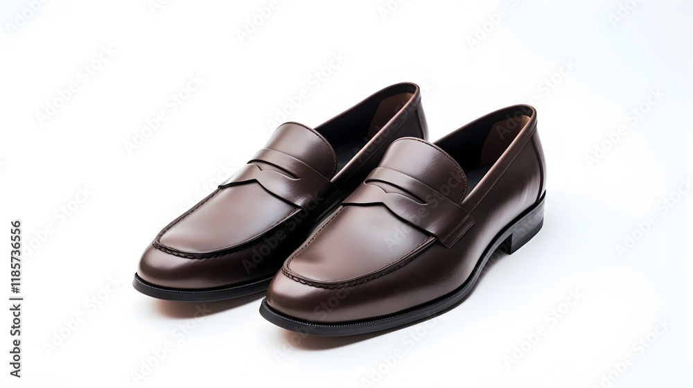 Pair of classic and elegant dark brown leather loafers neatly arranged side by side on a simple white background showcasing the sophisticated and timeless style of this versatile footwear item Pair of classic and elegant dark brown leather loafers neatly arranged side by side on a simple white background showcasing the sophisticated and timeless style of this versatile footwear item
