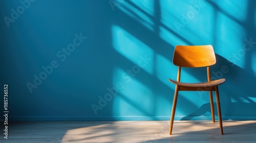 A wooden chair is sitting in front of a blue wall