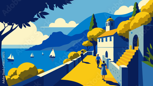 Mediterranean Seaside Town: Vibrant Coastal Landscape with Church and Sailboats
