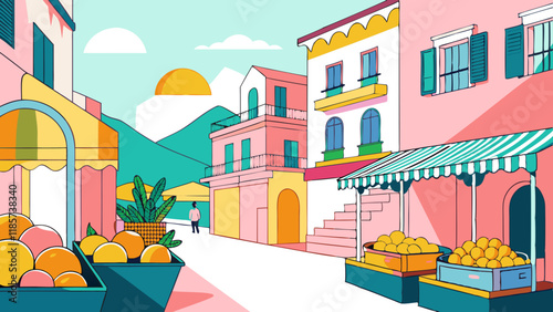 Vibrant Mediterranean Townscape with Colorful Buildings and Market Stalls