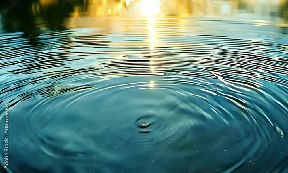 Capture a high-definition video of water ripples forming gentle patterns in a pond, with reflections of soft light in shades of blue and gold