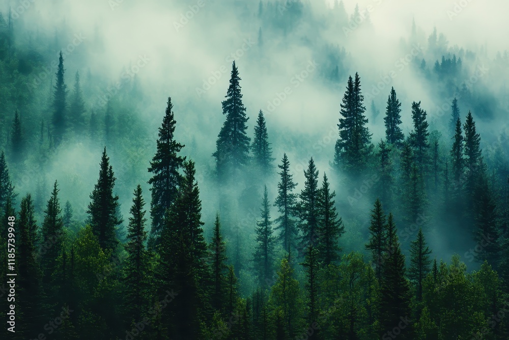 Misty mountain forest, trees shrouded in fog, scenic view, nature background, travel poster Misty mountain forest, trees shrouded in fog, scenic view, nature background, travel poster