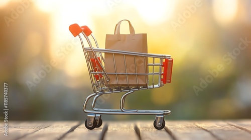 Shopping cart with bag on blurred background. photo